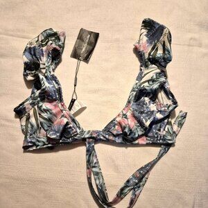 PRETTYLITTLETHING women's size 4 pale khaki leafy frill tie front bikini top New